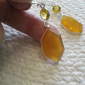 Feminine YELLOW CATS EYE & CITRINE Handmade Sterling 925 Dangle Earrings #412E